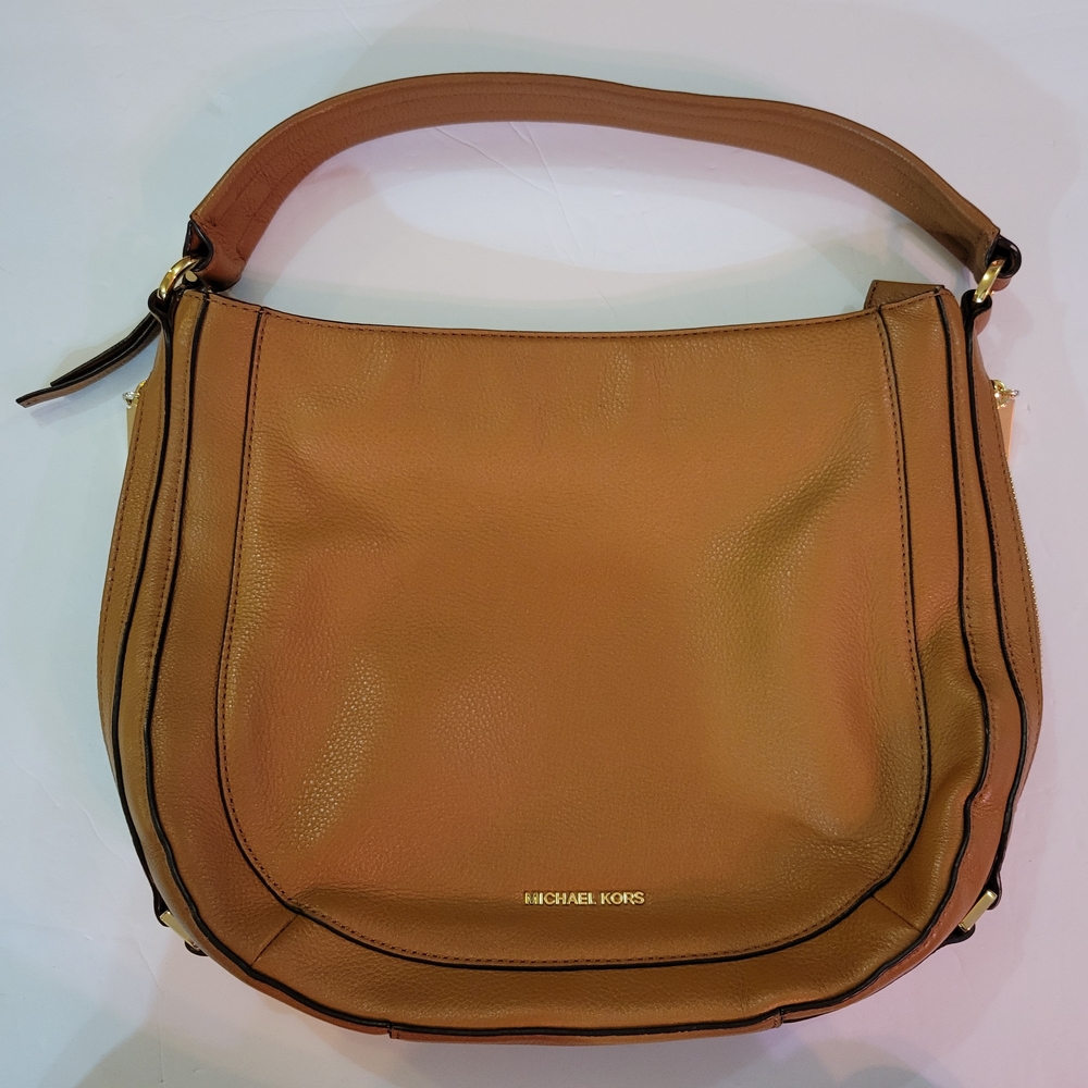 Michael Kors Tan Pebbled Leather Shoulder Bag With Zipper Accents